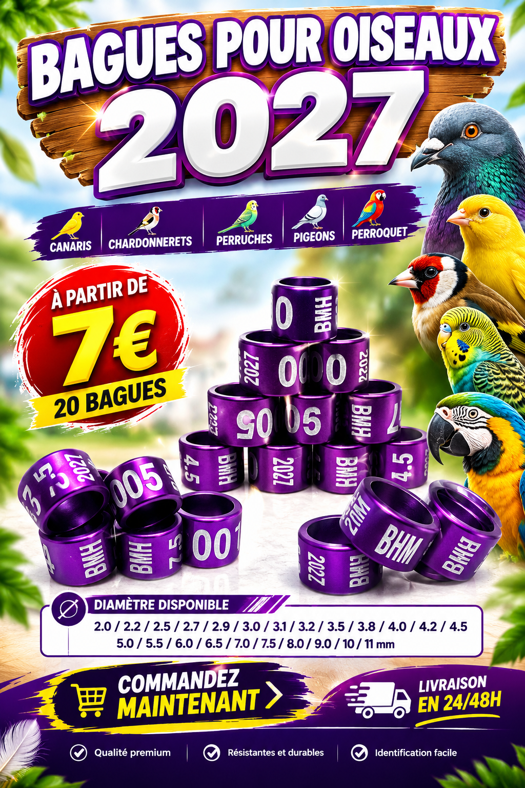 Bagues oiseaux en aluminium 2027 canaris exotique perruche(2.0/2.5/2.7/2.9/3.0..11mm – Image 2