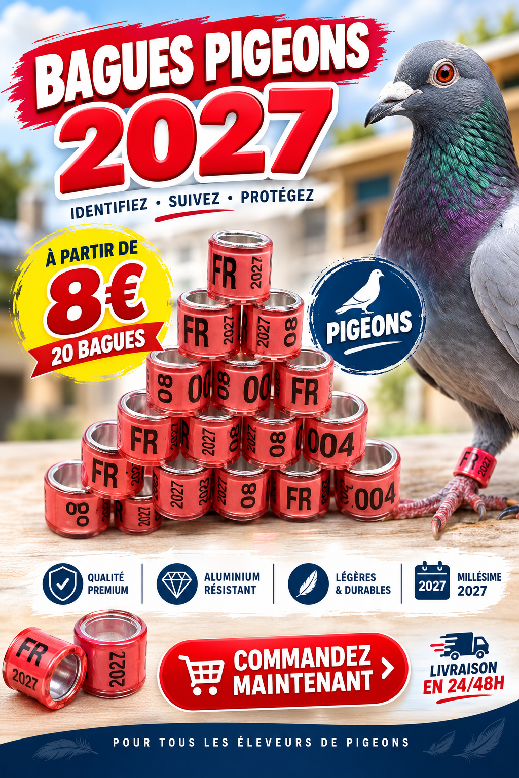 Bagues oiseaux en plastique plexi alu 2027 pigeons voyageur 08mm FR